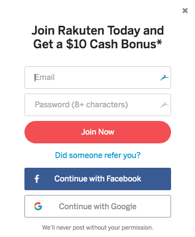 Screen shot of Rakuten sign up form - $10 bonus