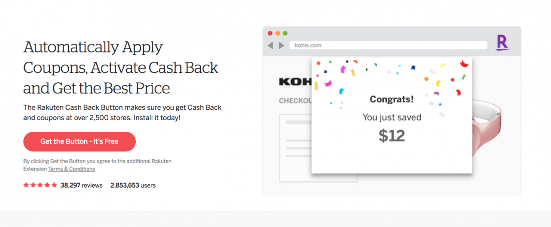 screen shot of rakuten button in action, searching the web for coupons, the best prices and cash back. 